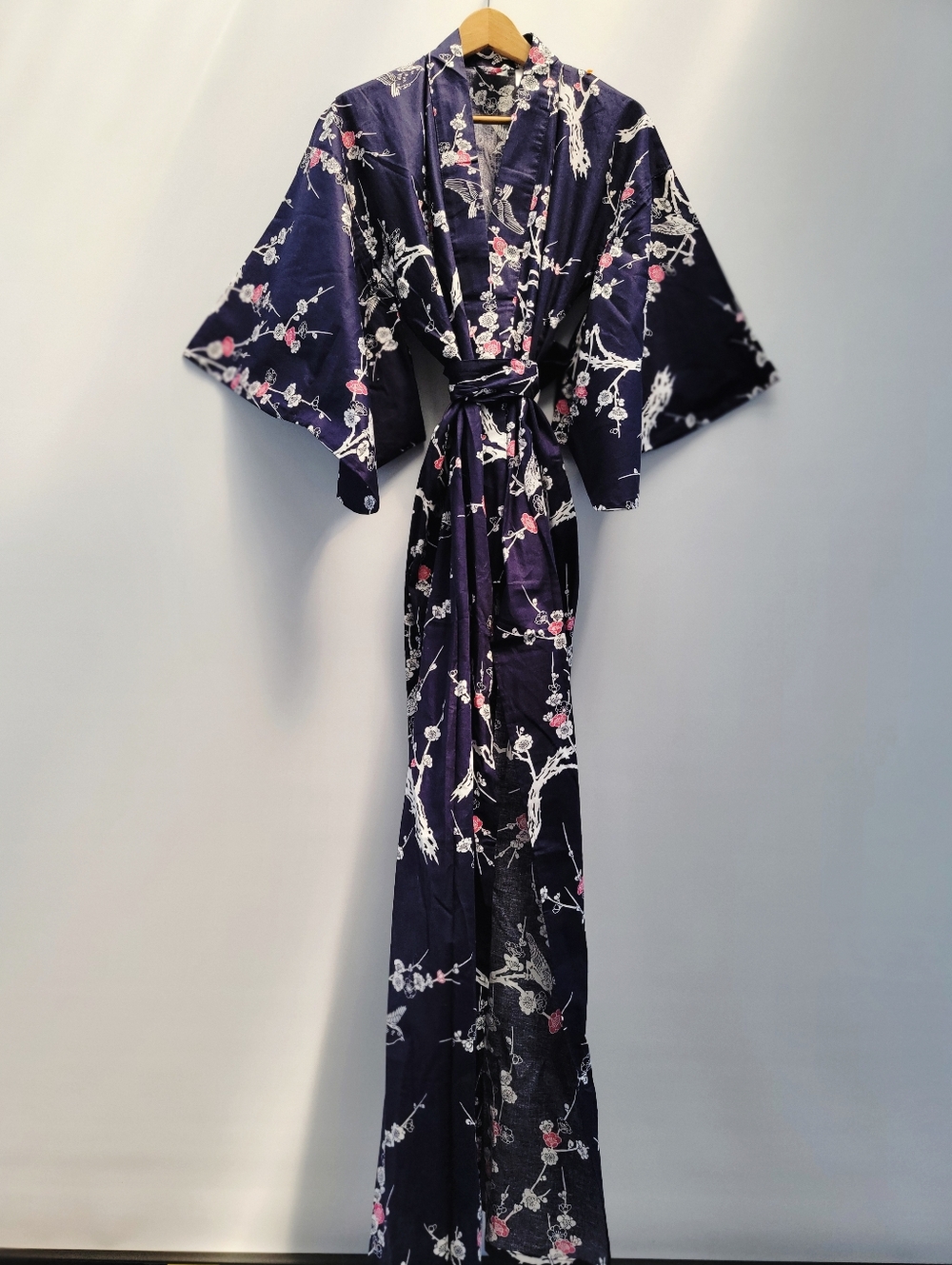 Smithsonian Institution  Japanese Plum Navy Yukata Kimono Size XL Floral Birds